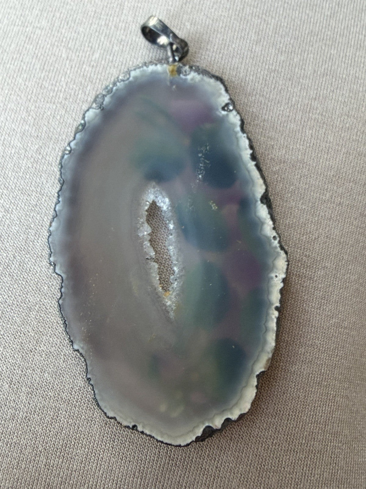 Hand Painted Polished Agate Slab Silver Purple Blue Flowers Pendant