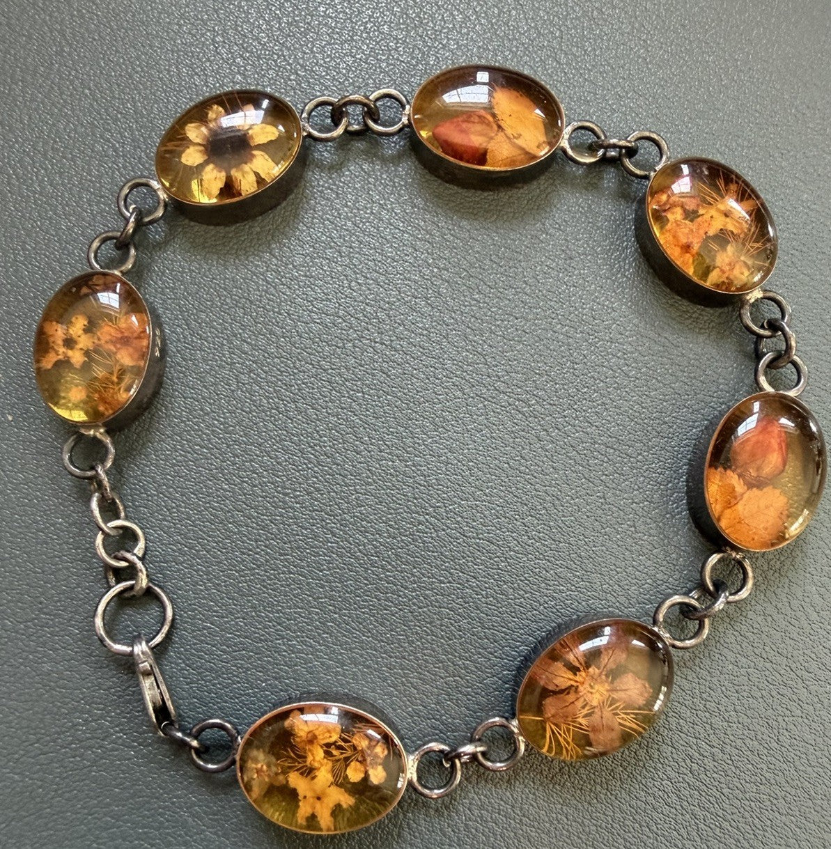STERLING SILVER 925 Embedded Dried Flower Link Bracelet.