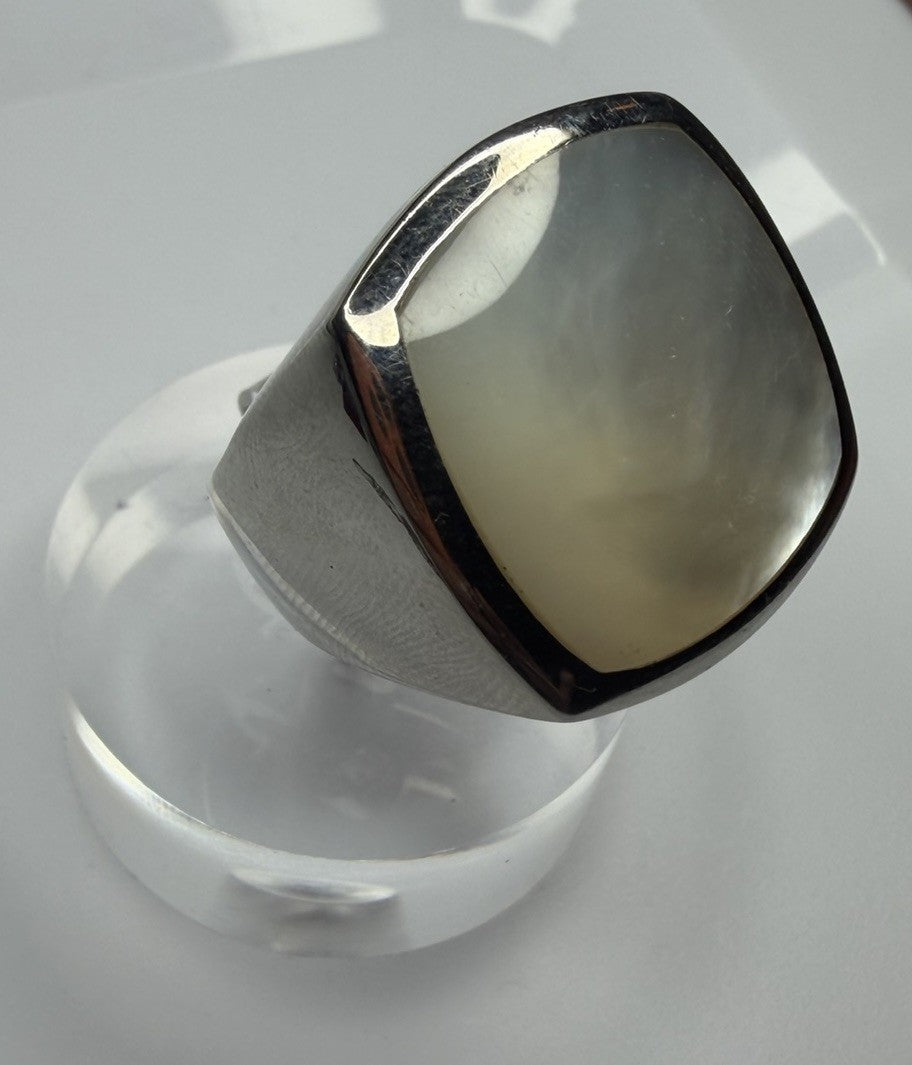 Statement Stainless Steel MOP Ring Signed JS Sz8