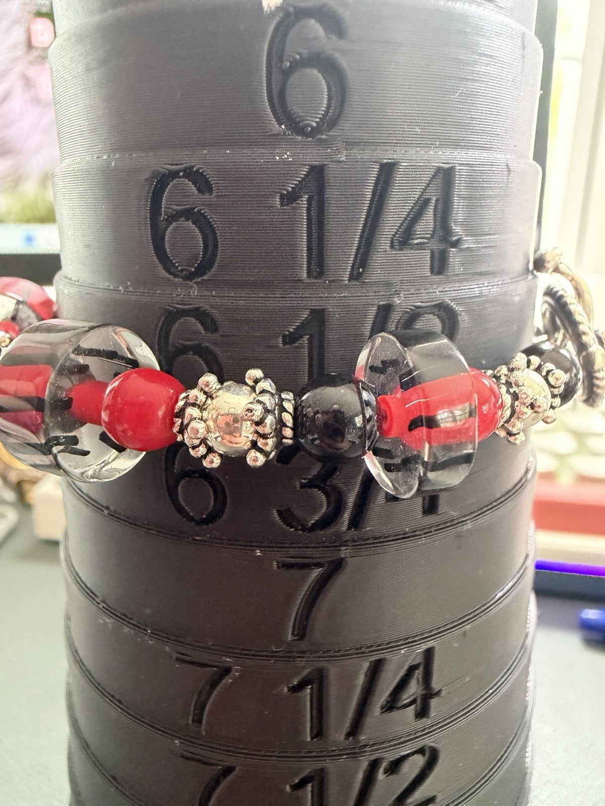 Red And Black Glass Murano Style Bead Sterling Silver Toggle Bracelet 6.5inch