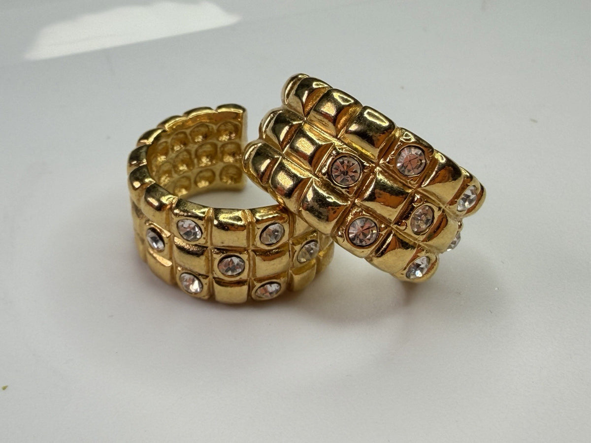 AVON 1980s Vintage Estate Chunky Hoop Pierced Gold Tone Earrings Rhinestones