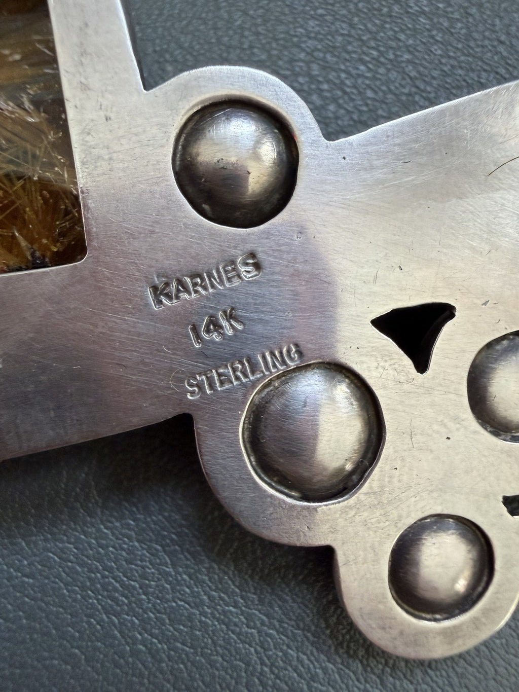 Patricia Karnes Stinson 14K Sterling Silver Rutilated Quartz Brutalist Brooch