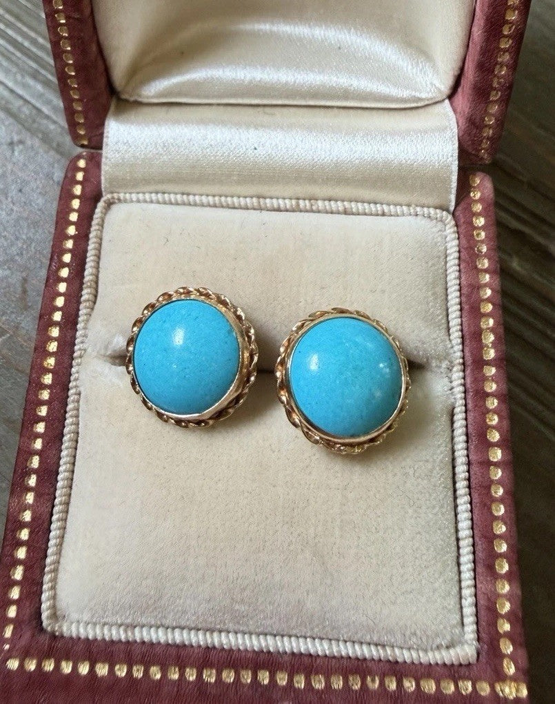Vintage 14K Yellow Gold  Round Cabochon Sleeping Beauty Turquoise Earrings
