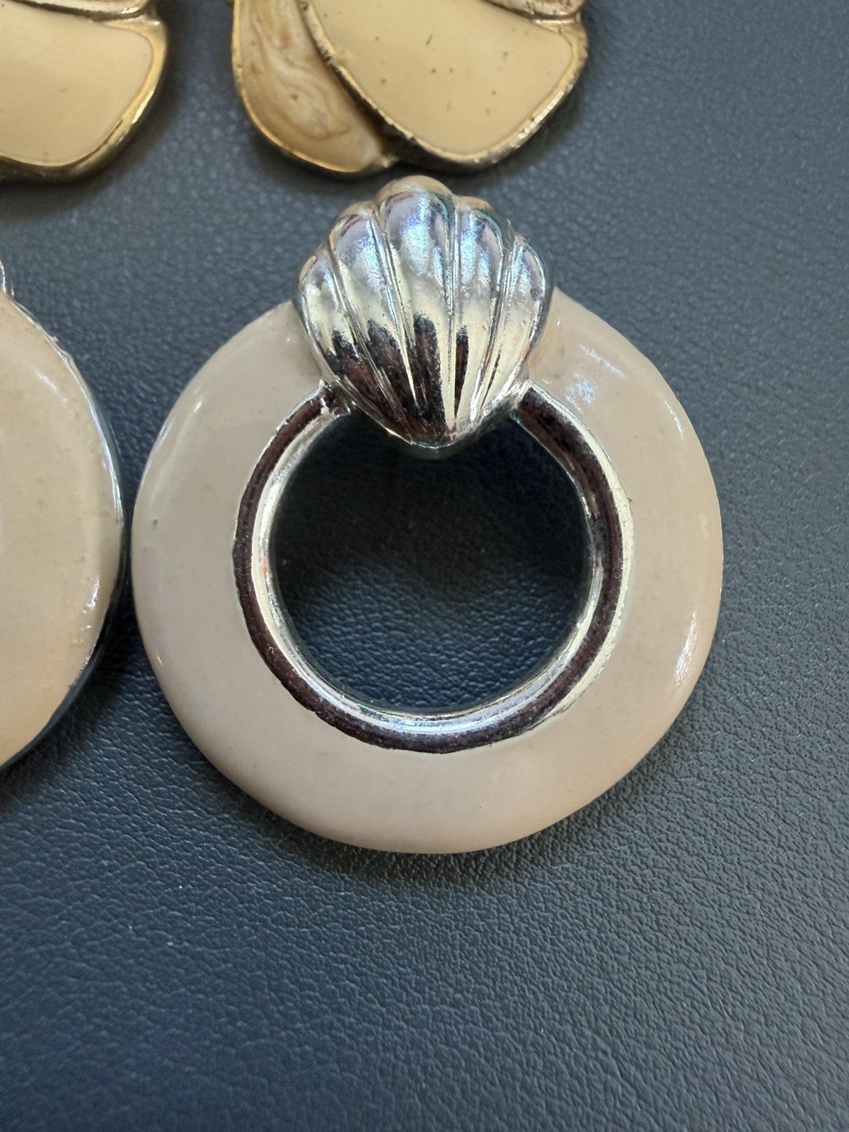 Vintage Enamel Cream Swirl Earrings + Marbled Beige Gold Tone Pair Earring Lot