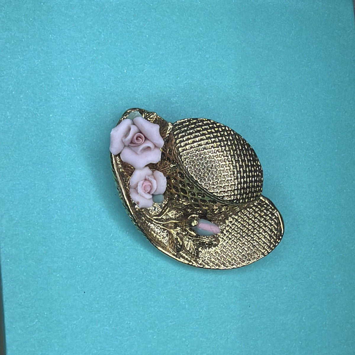 Vintage Style Hat Pink Rose on Gold Tone Brooch Signed 1928
