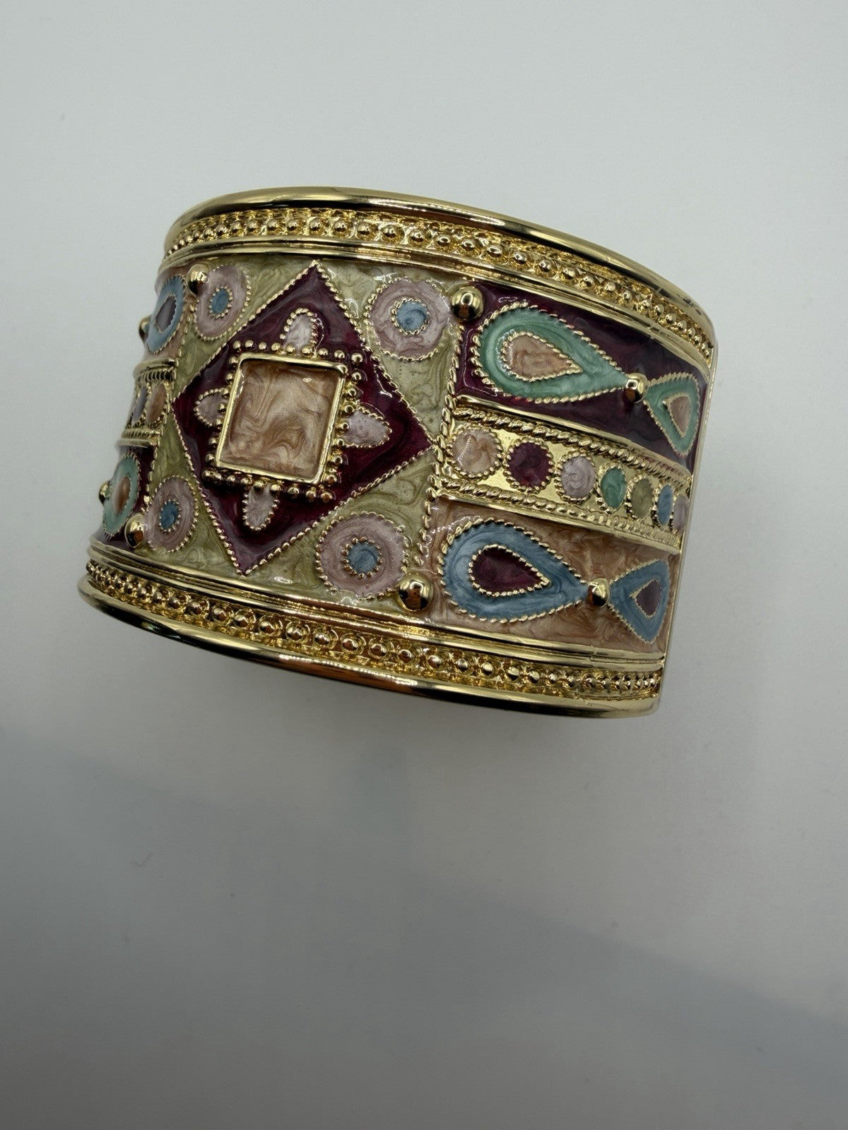 Egyptian Revival Big Bold Clamper 1980 Bracelet colorful enamel vintage gold tne