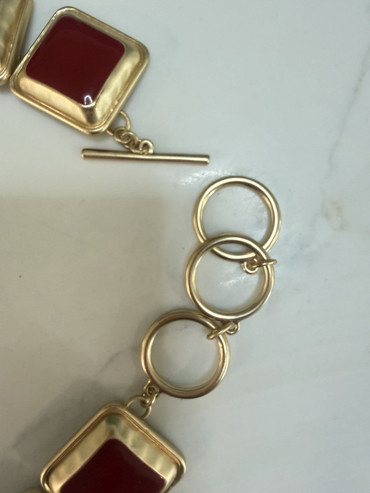Vintage Red Cabochon Gold Tone Square Link Toggle Bracelet Statement Jewelry