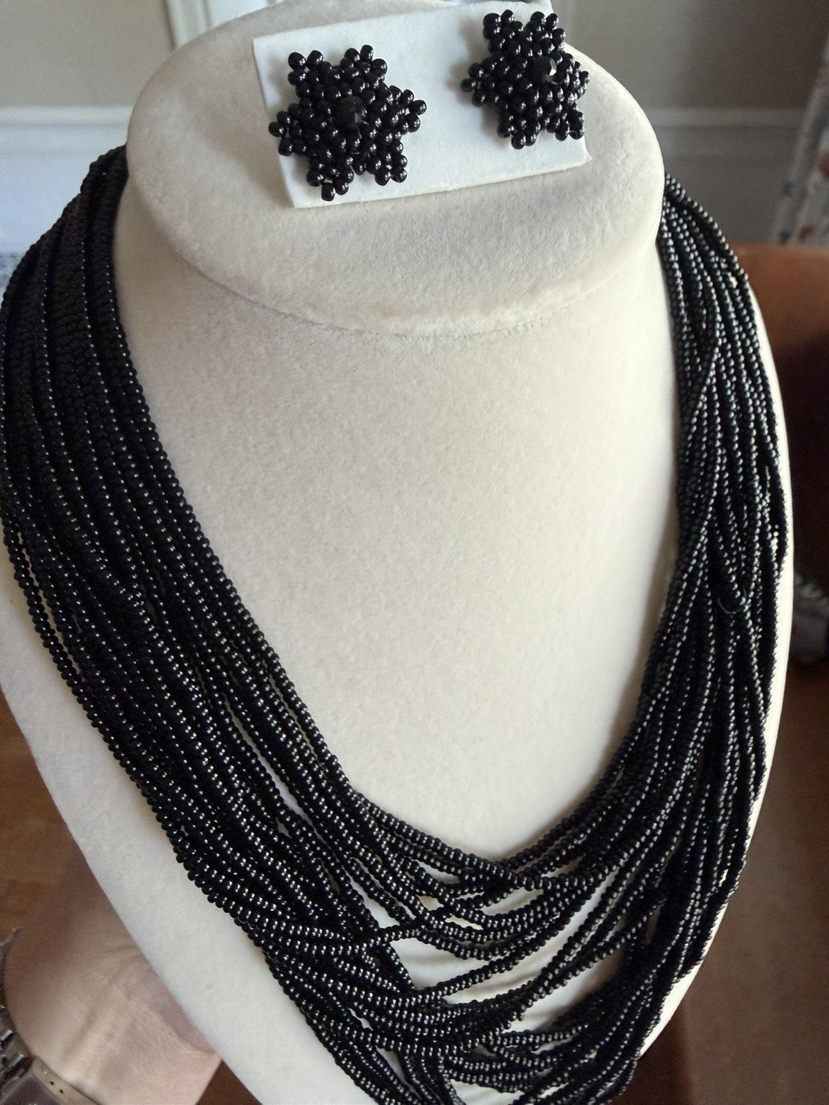 Black Glass Seed Bead Multi Strand Statement Necklace Earrings Set