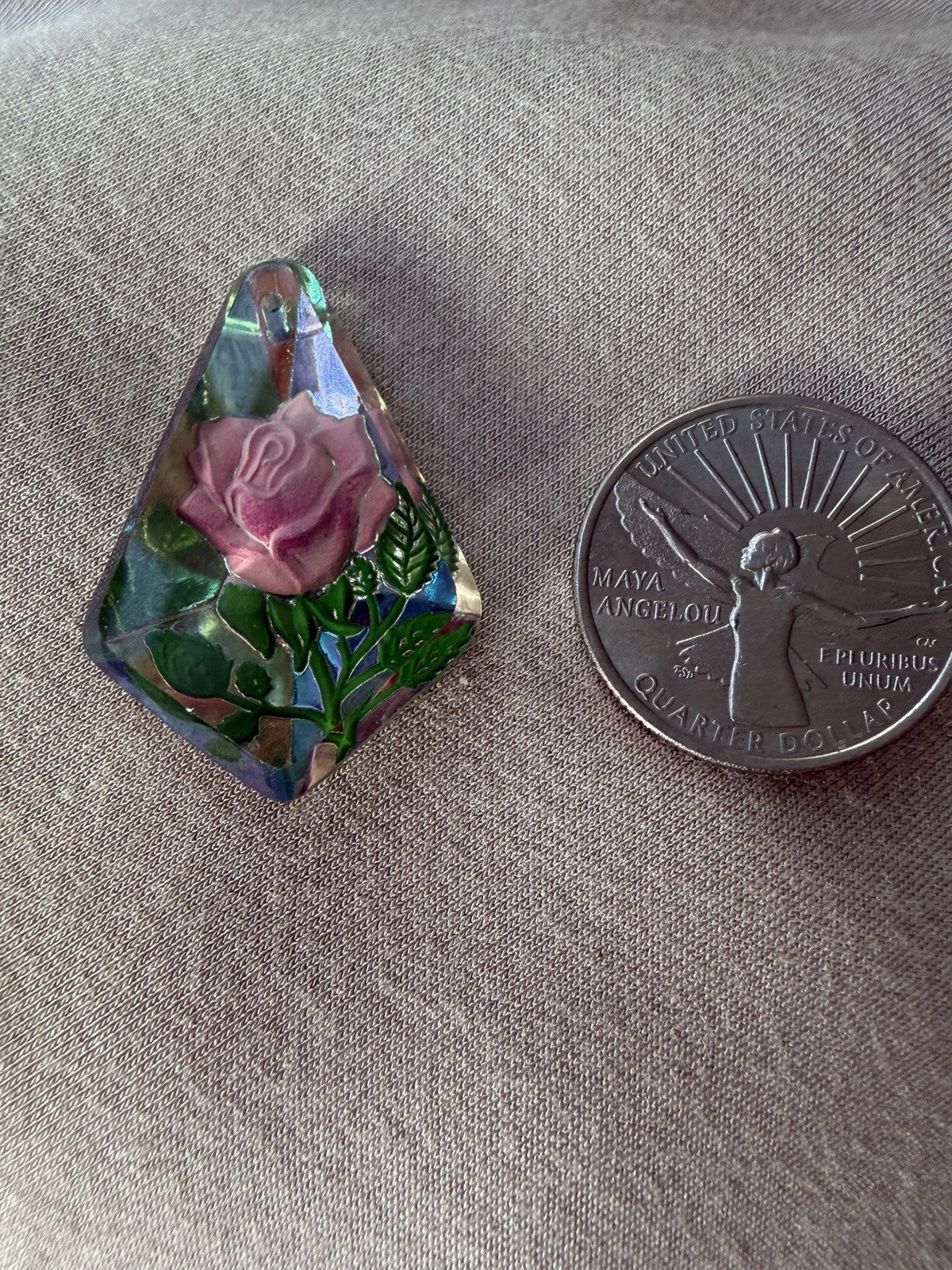 Vintage  Reverse Hand-Carved Clear Lucite Pink Roses Flower Pendant