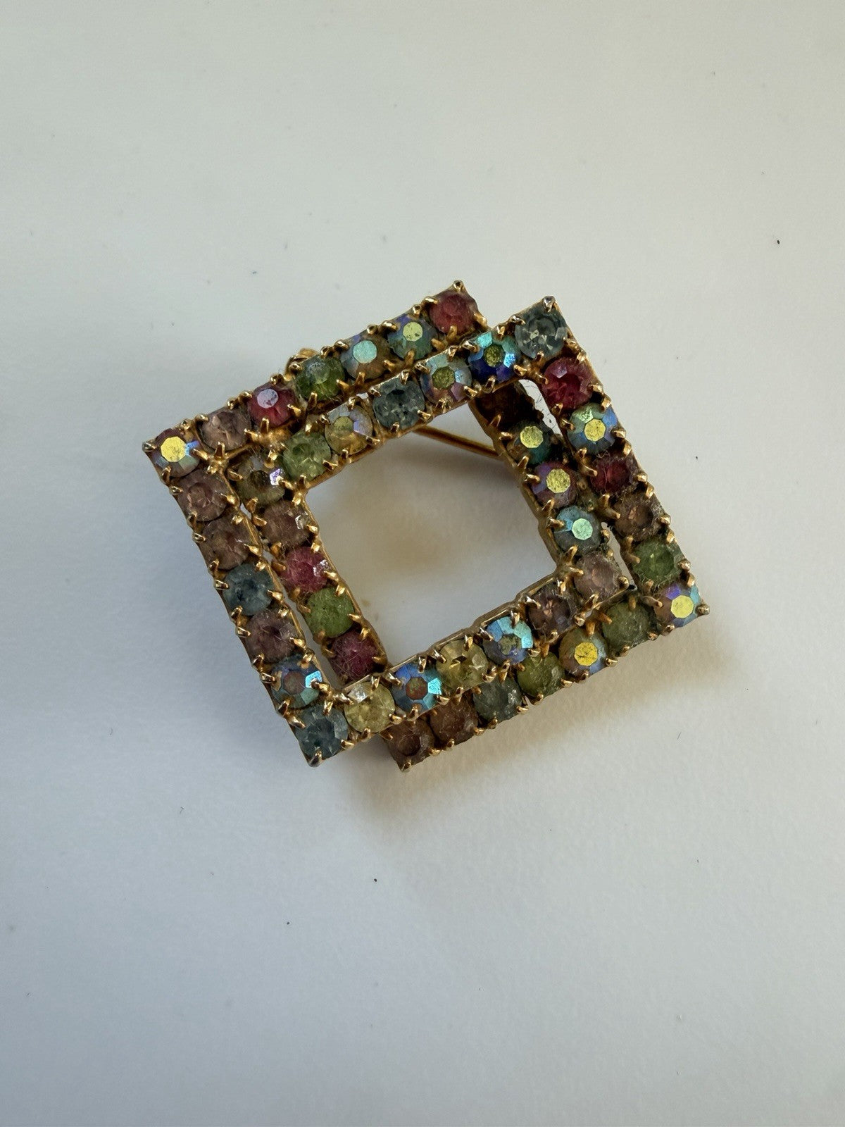 Vintage Geometric Double Square Rhinestone Brooch *some glow*