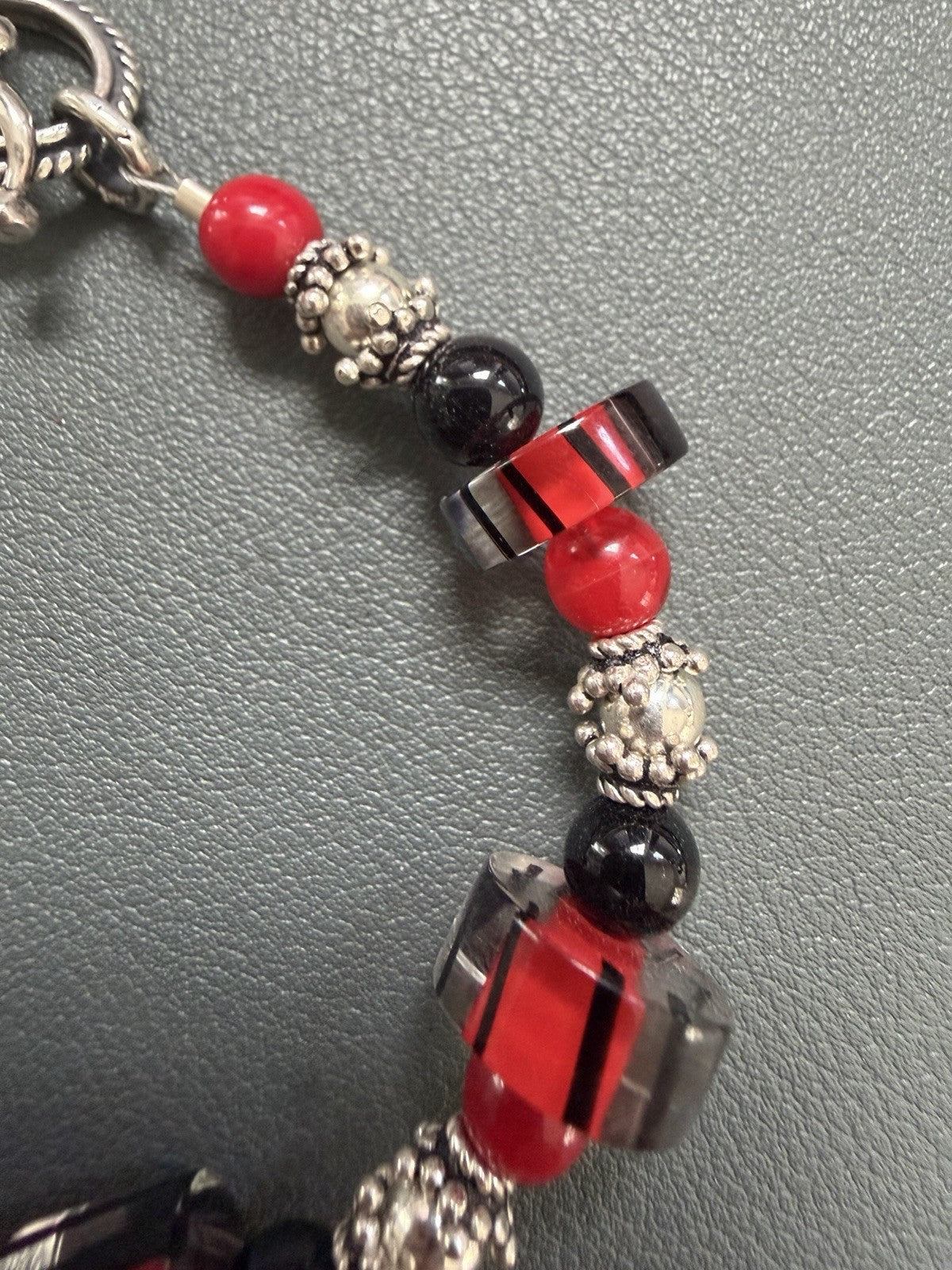 Red And Black Glass Murano Style Bead Sterling Silver Toggle Bracelet 6.5inch
