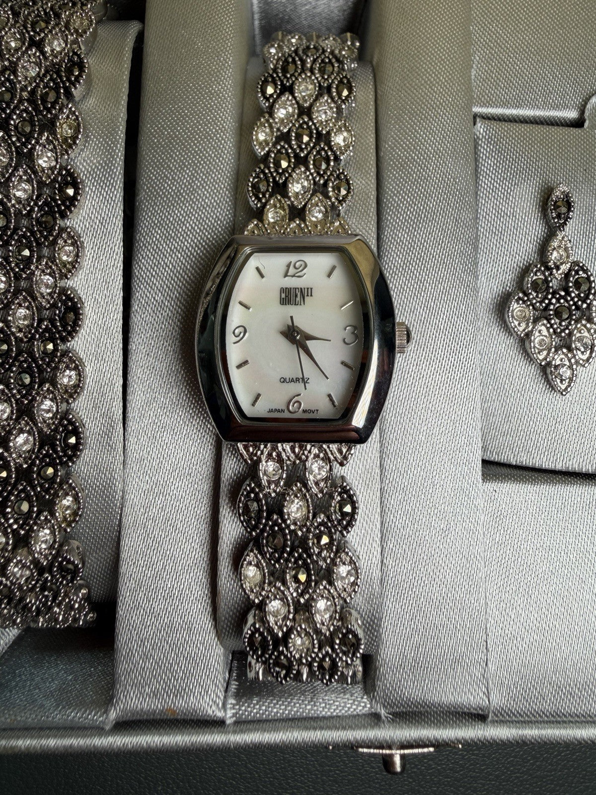 Gruen Crystal Watch Bracelet Earrings Matching Jewelry Set Silver Black