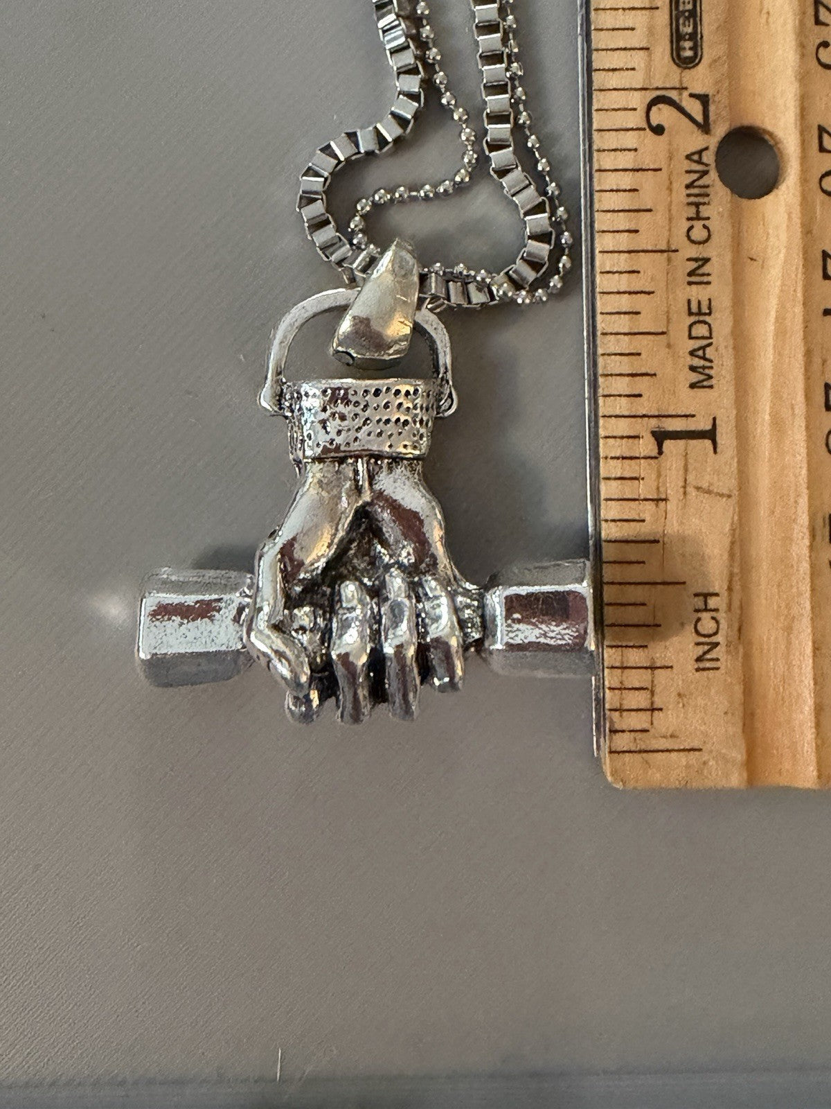 Dumbell Hand Pendant Silver Toned Weightlifting CrossFit Bodybuild