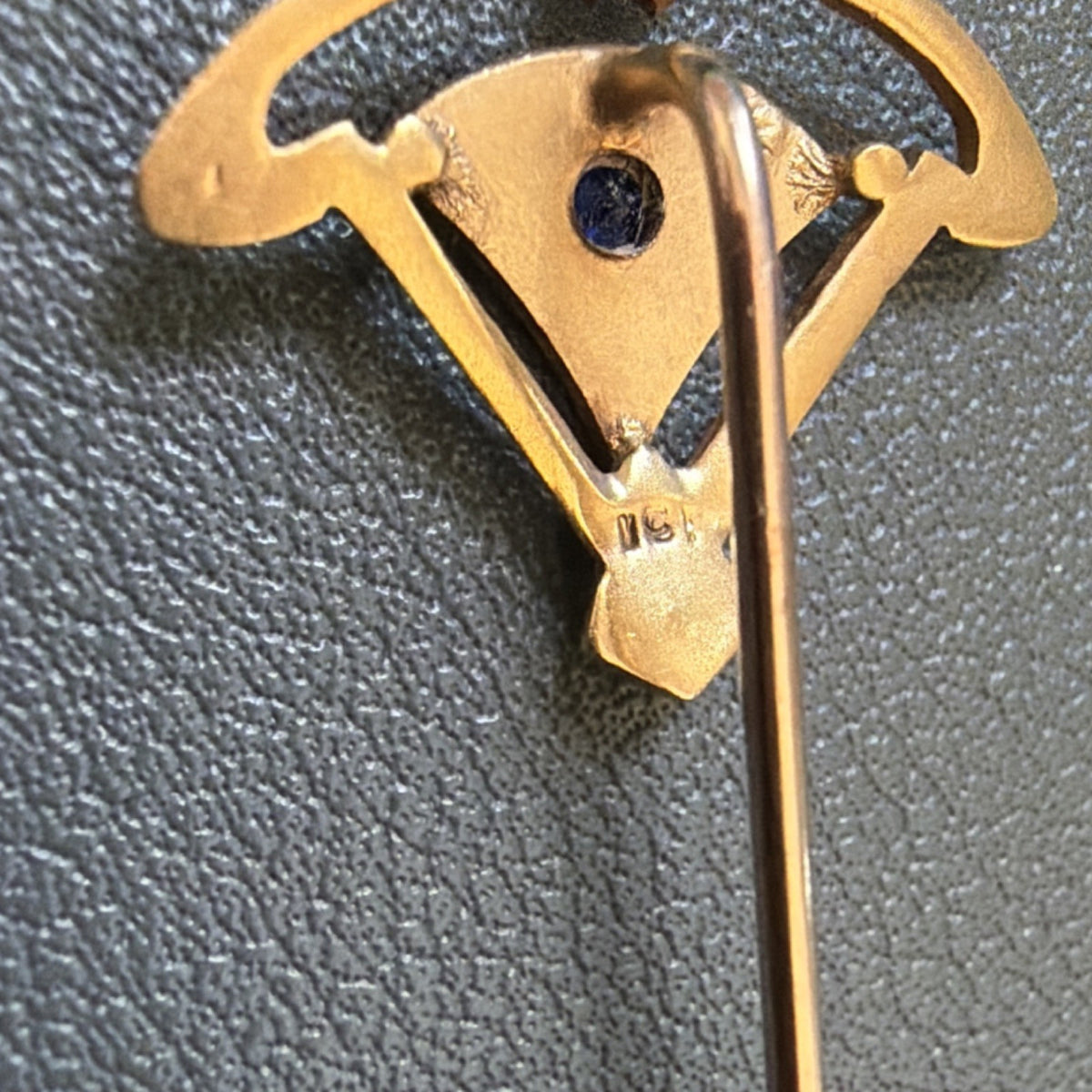 10K Gold Art Nouveau Hatpin Hat Pin Stick Pin w/ Blue & Clear Stone Accent