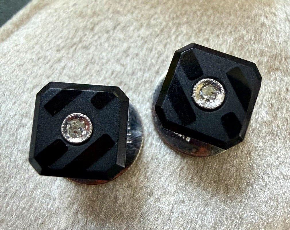 Antique Art Deco 950 Platinum Onyx Diamond Tuxedo Shirt Studs Pair 