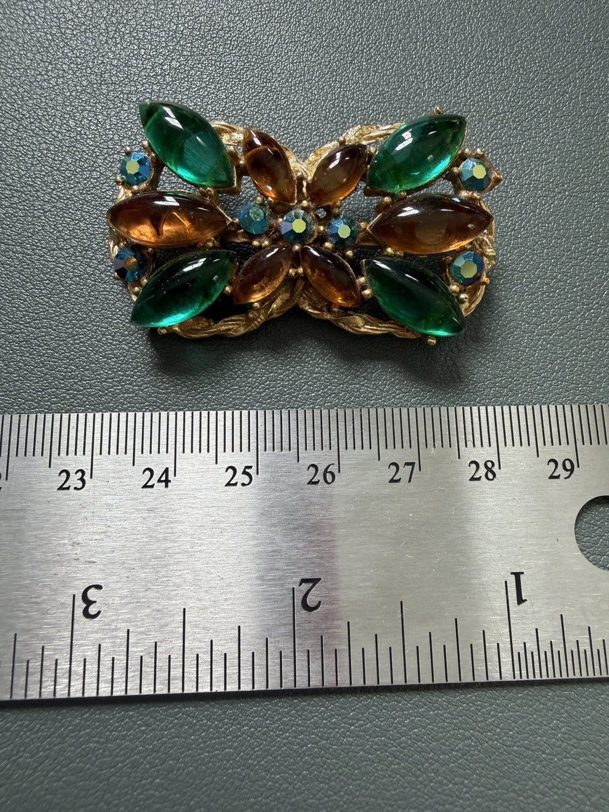 Vintage Glass Marquise Bow Brooch, Emerald Color Green And Amber Colored Orange