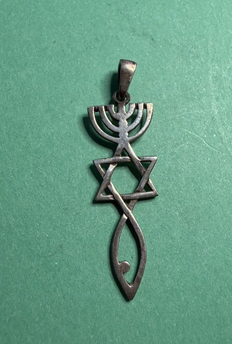 STERLING SILVER JEWISH FAITH PENDANT STAR OF DAVID MENORAH RARE 925