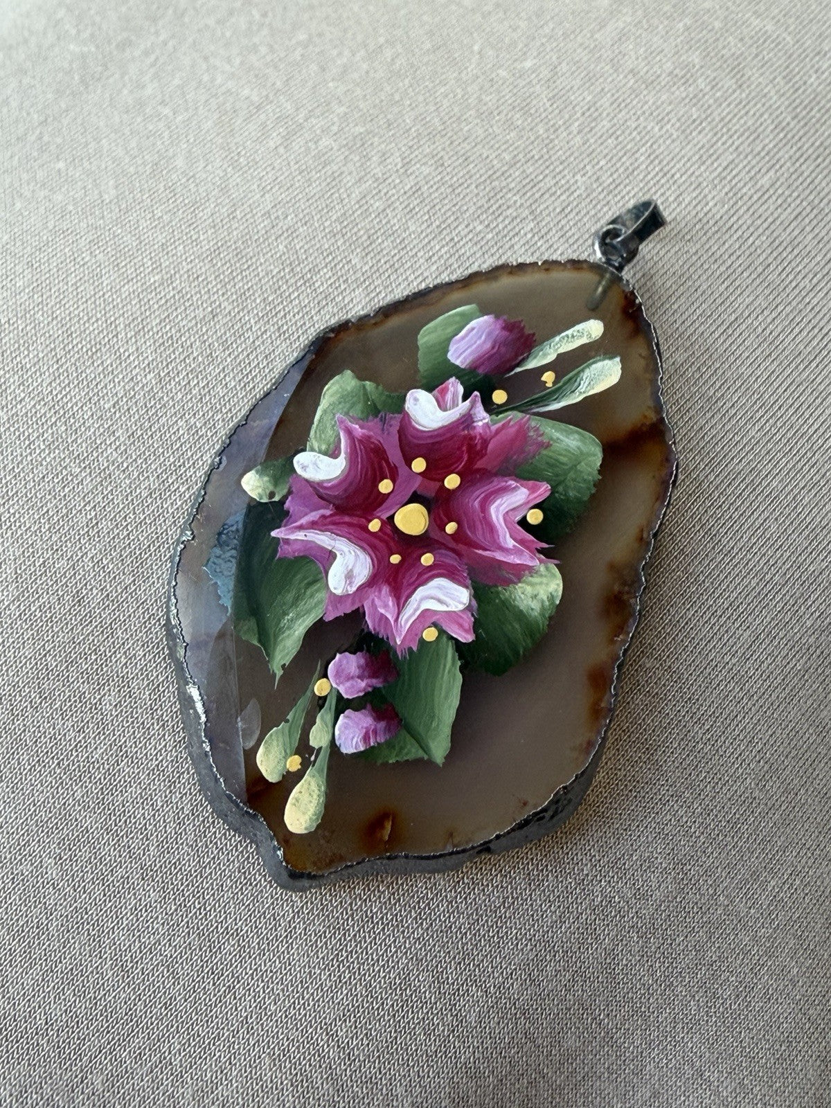 Gorgeous Pendant Artist Hand Painted Agate Floral Pink Flowers