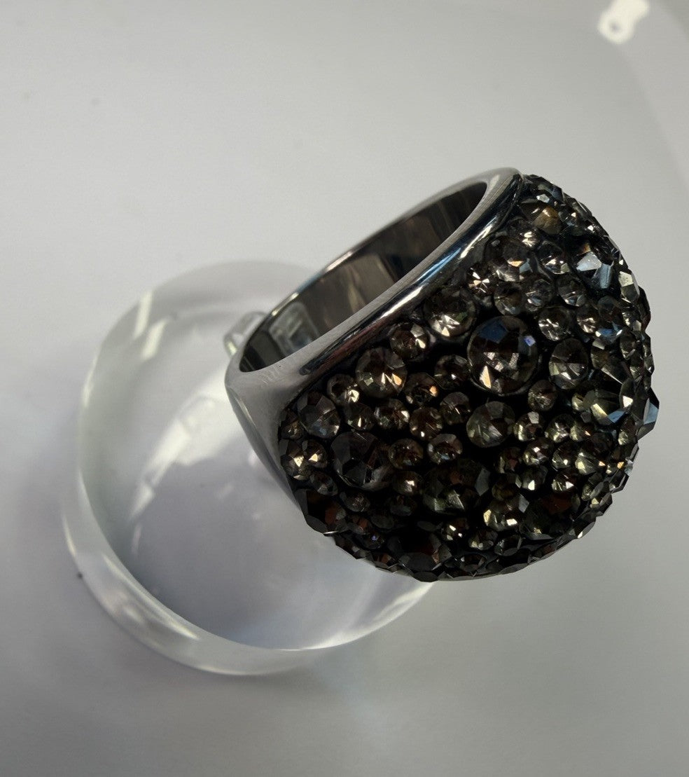 Large Domestyle cocktail ring Pave Set dark grey crystals Signed Stainless Steel