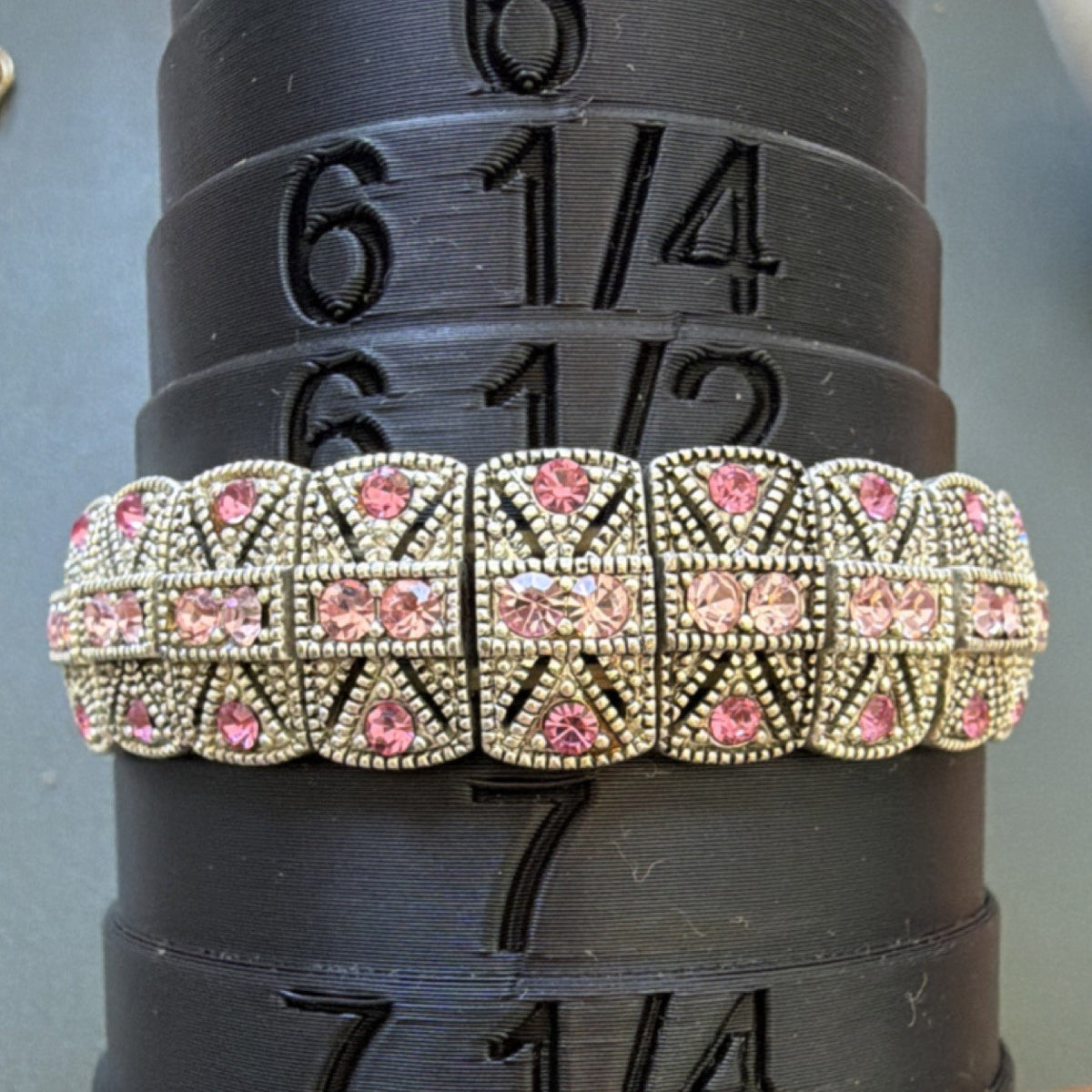 Silver Tone Pink Round Crystal Rhinestone stretch Cuff Bracelet