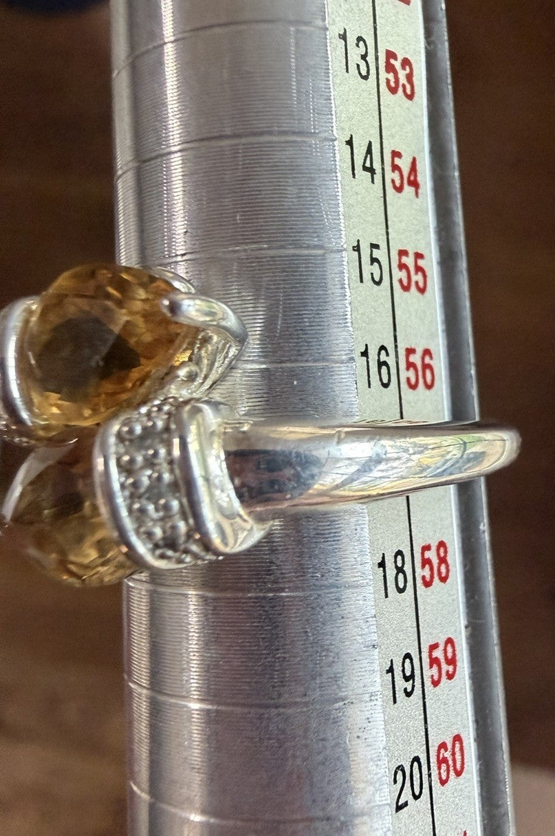 Designer Signed Two Teardrop Citrine Bypass Ring 925 Sterling Silver - Size 8