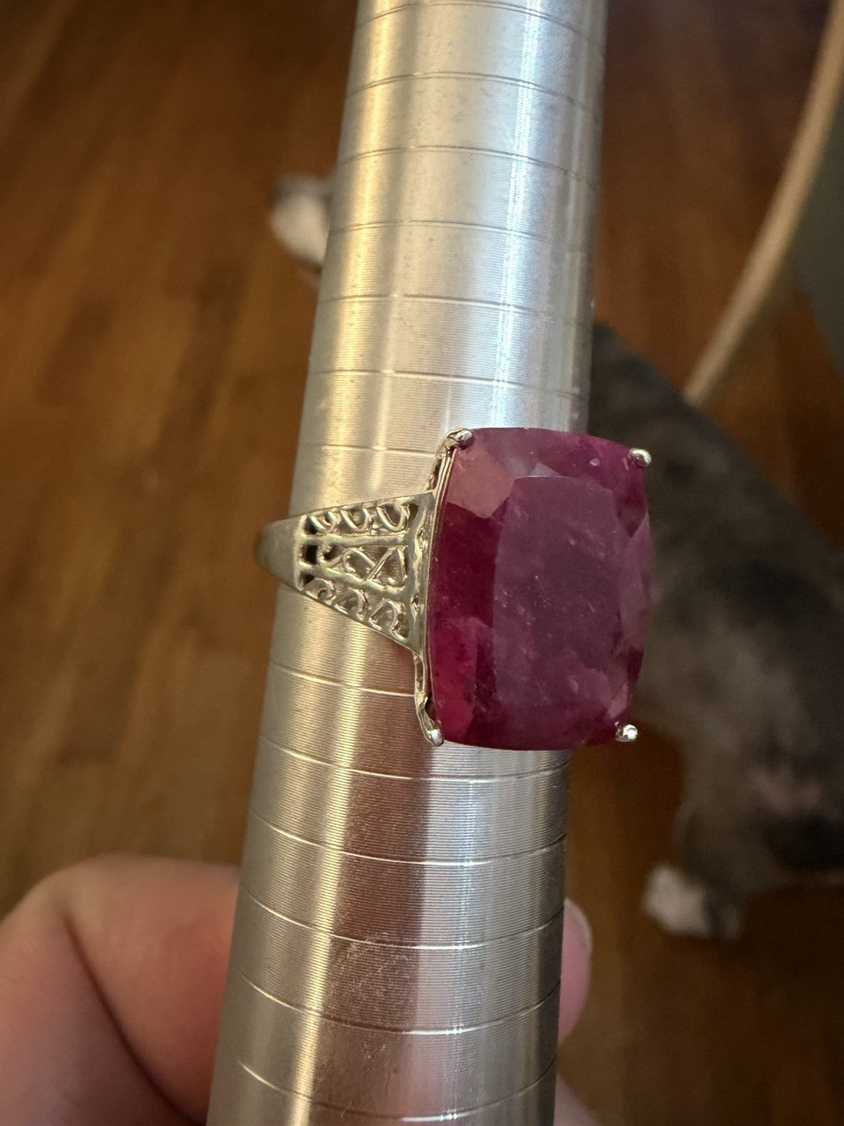 VJL Sterling Silver Large Ruby Corundum Statement Ring Cushion Cut Size 11.75