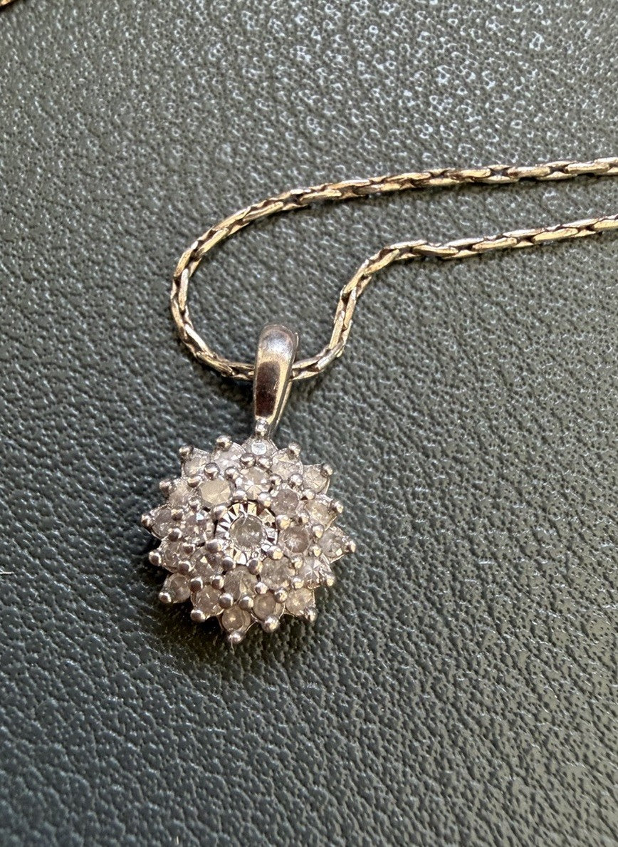 Macy's Diamond Flower Burst Cluster 18" Pendant Necklace Sterling Silver