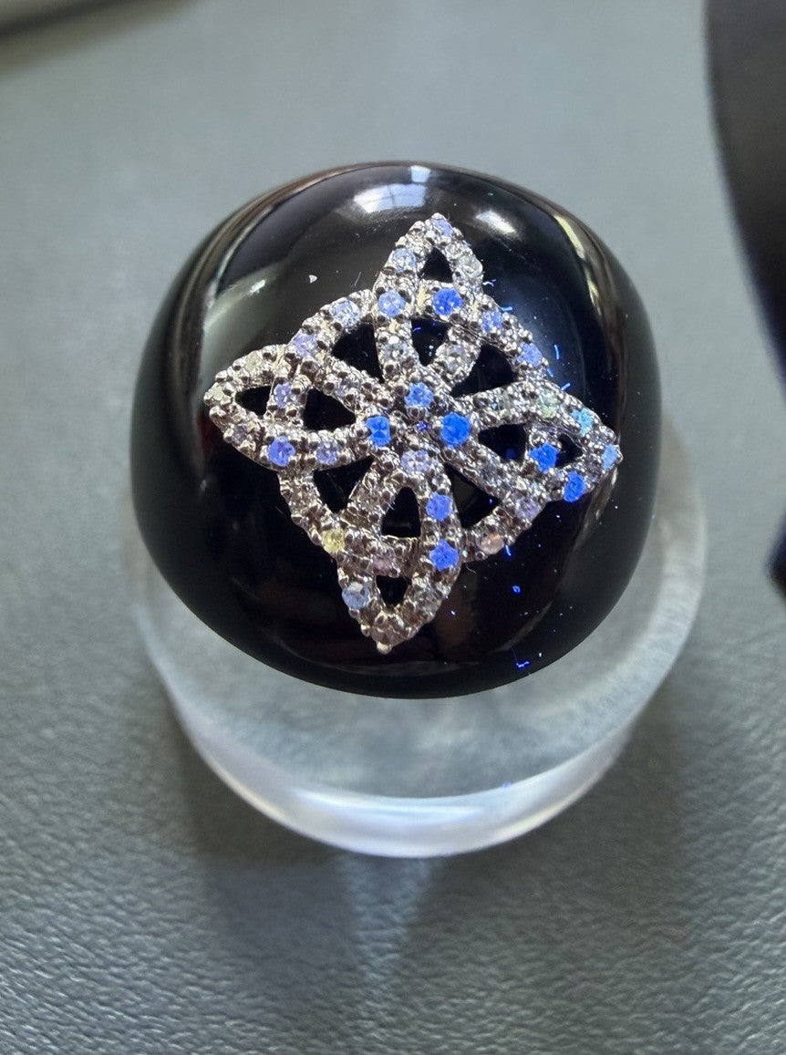 Stunning 925 Sterling Silver Black Onyx And Pavé Diamond Dome Ring Deco Style 7