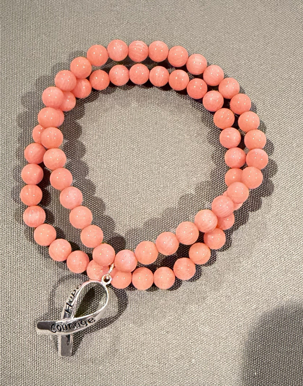 Pink Beaded Stretch Charm Bracelet Awareness Dangle ‘Courage’ Ribbon 6 1/4"