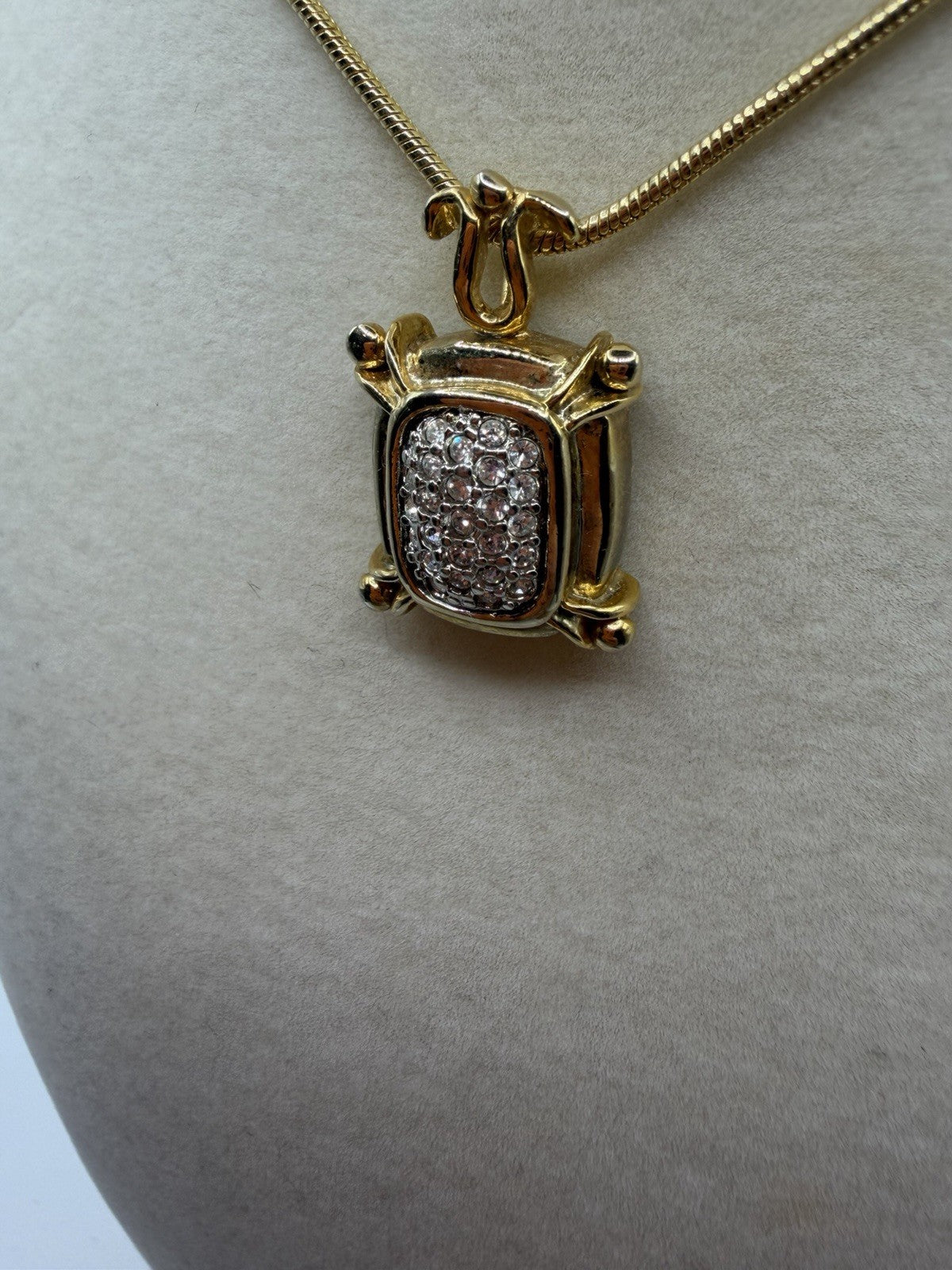 Amazing Vintage Pendant Rhinestone Domed Micro Pave Crystal Necklace Gold Tone