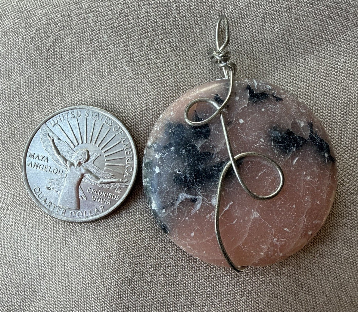 Round Pink Rhodonite Handmade Necklace Pendant Wire Wrapped Pendant
