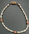 FRESHWATER PEARL PINK CORAL AND 14K YELLOW GOLD (GF?) BEAD BRACELET 7.25