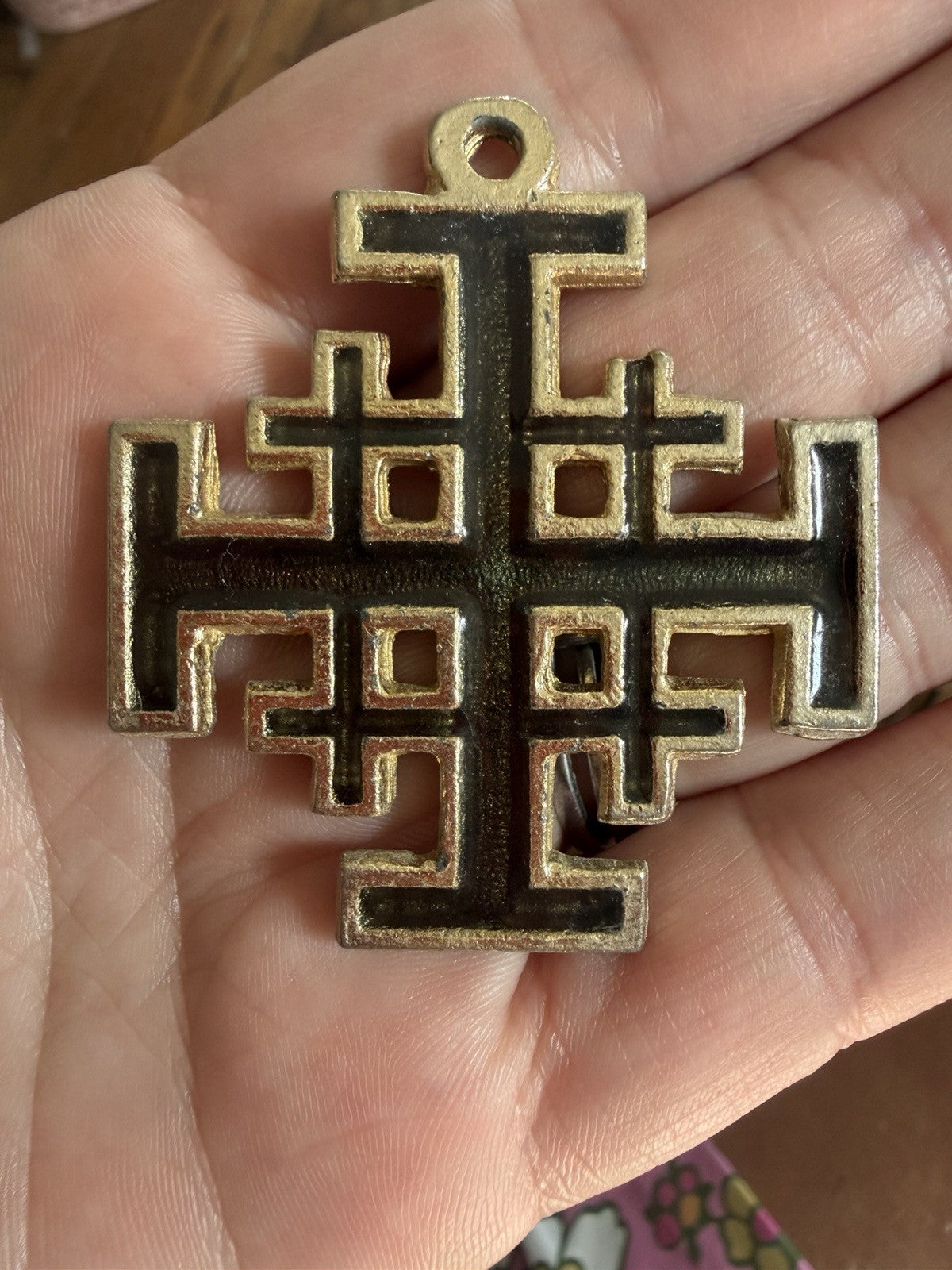 Vintage Jerusalem Cross Pendant Large Gold Tone Green Enamel Holy Land Christian