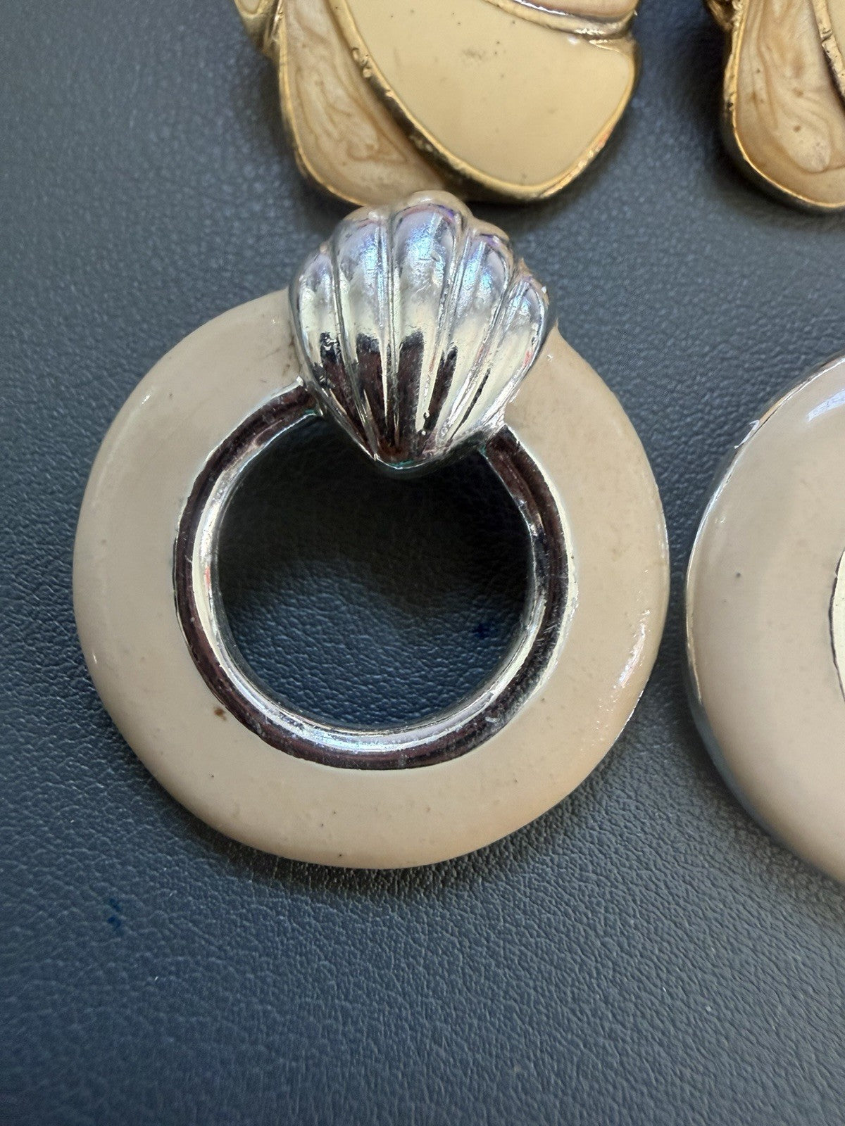 Vintage Enamel Cream Swirl Earrings + Marbled Beige Gold Tone Pair Earring Lot