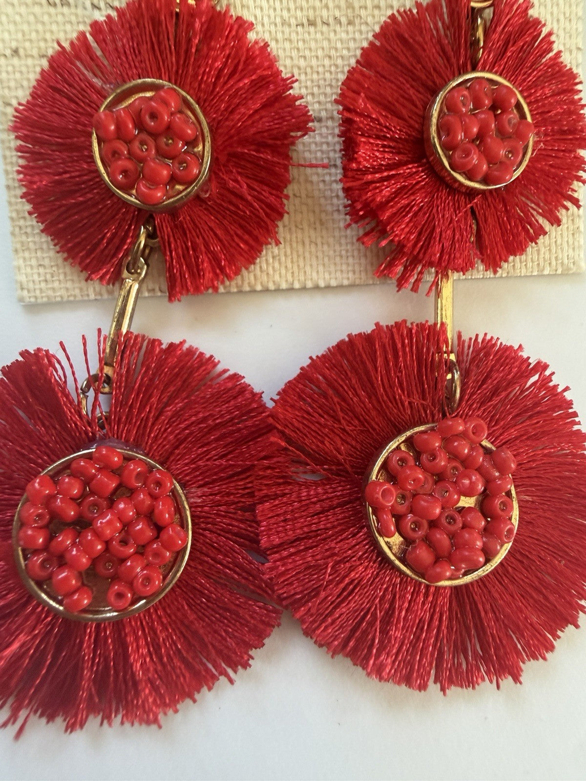 Bijoux Bar Red/Gold Beaded Tassel Fringe Dangle Drop Earrings Round Post Signed