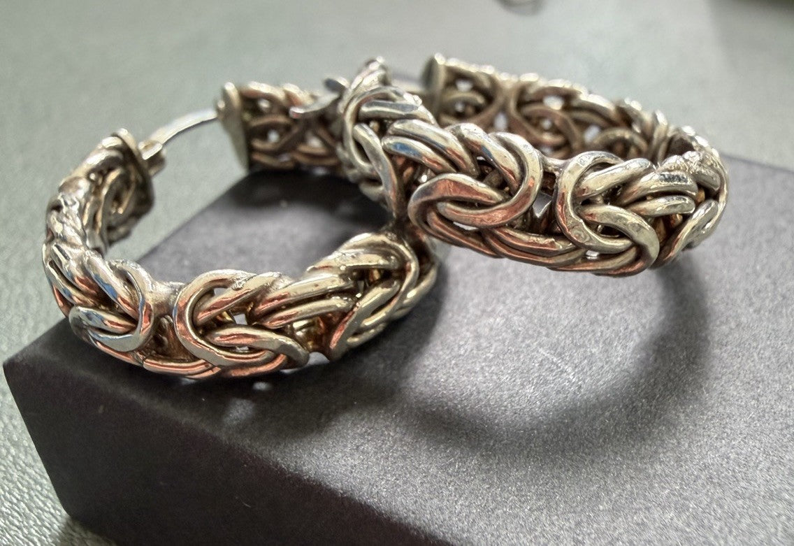 Vintage Sterling silver 925 byzantine chain round hoop earrings