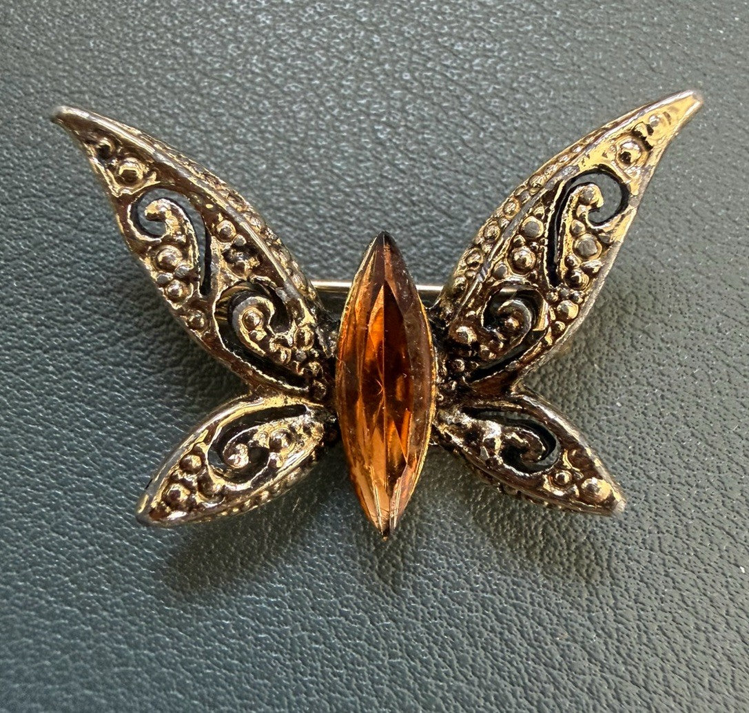 Vintage Gold Tone Petite Butterfly Marquise Cut Orange Gem Stone Brooch Pin