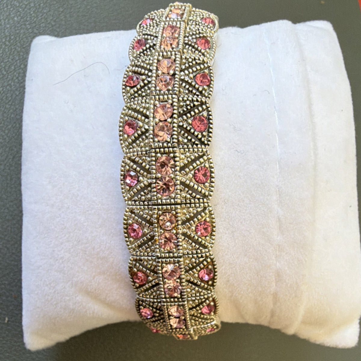 Silver Tone Pink Round Crystal Rhinestone stretch Cuff Bracelet