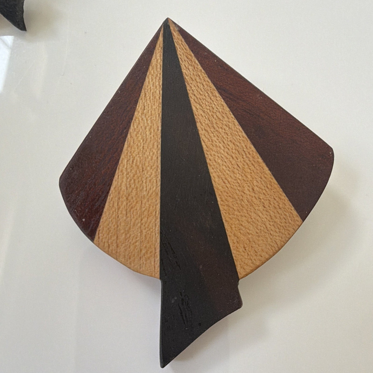 Geometric Art Deco Wood Inlay Asymmetrical Brooch & Earring Set Brown Black 3pc