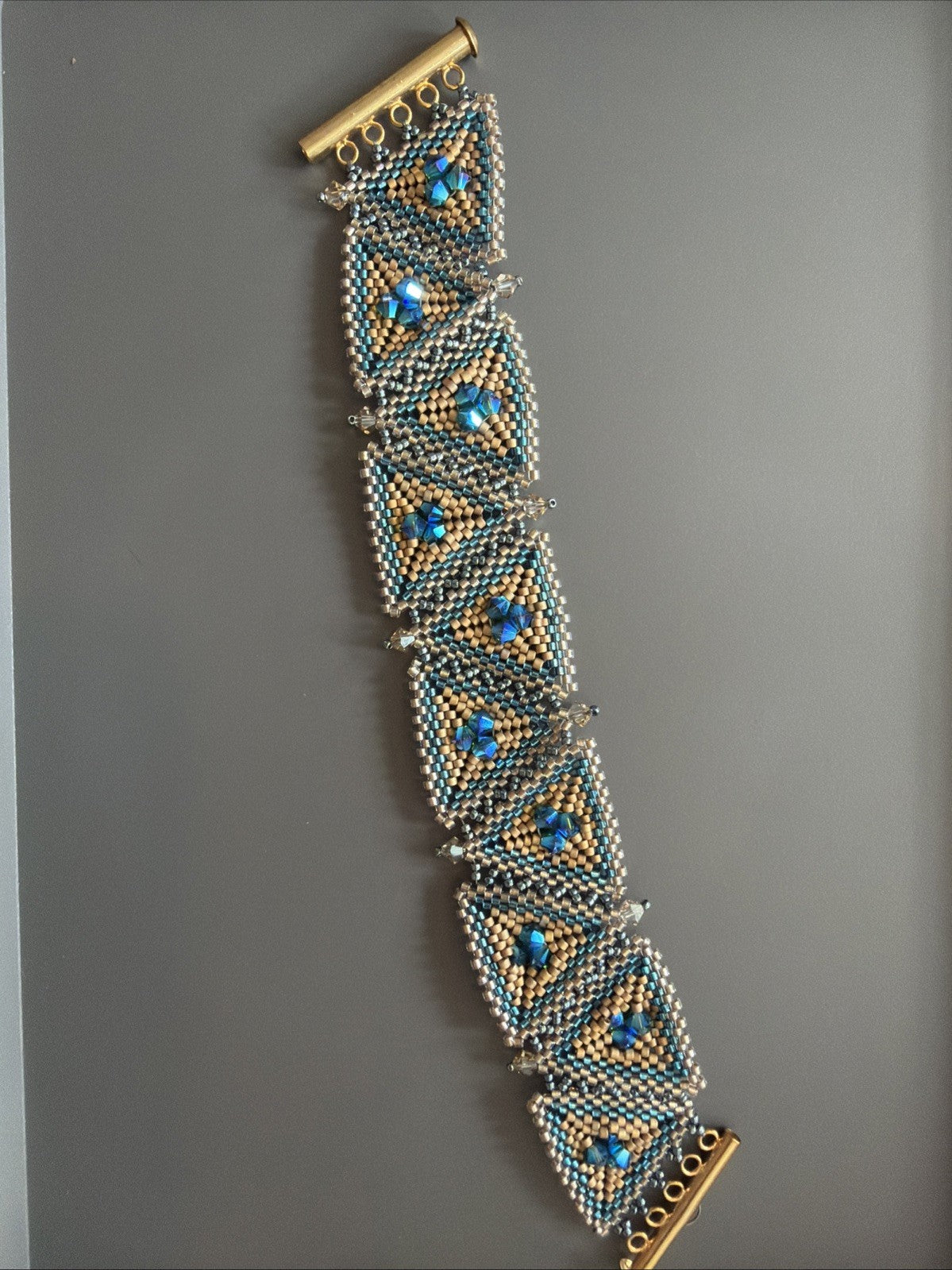 Vintage Beaded Teal And Gold Bracelet With AB Bead Accents - Unique And Gorgeous