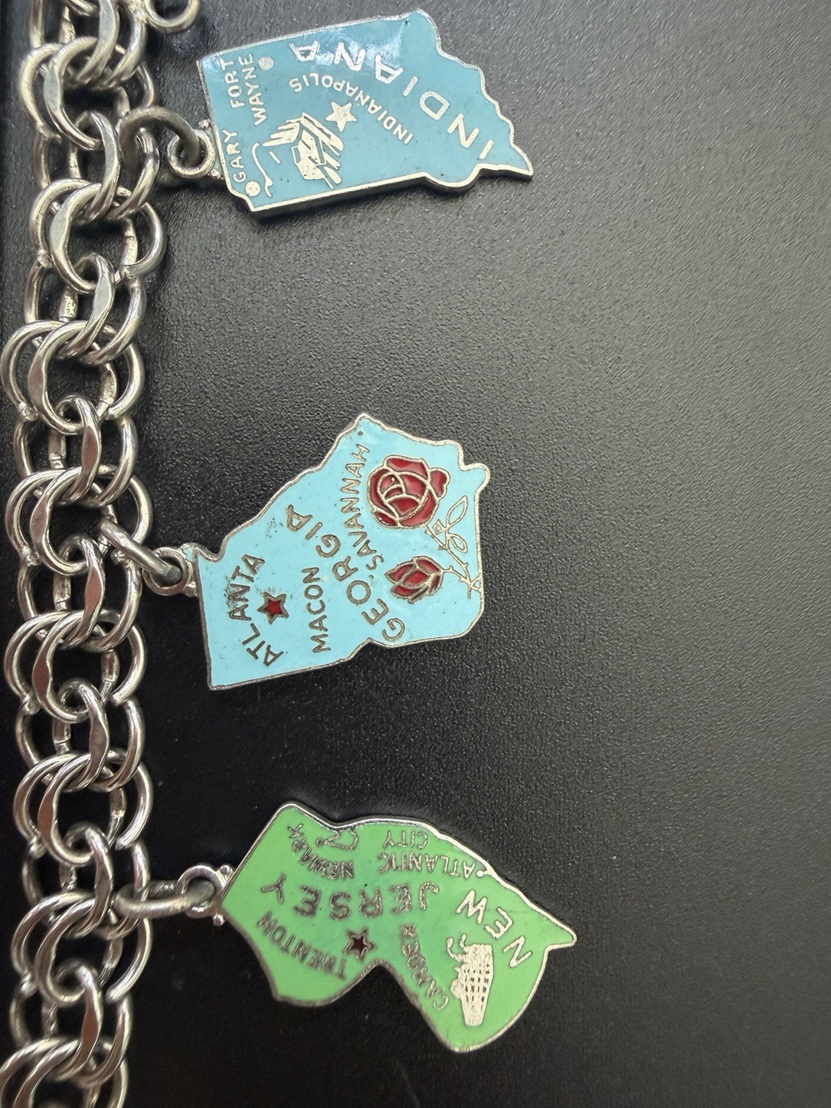 Vintage ELCO Sterling Silver Enamel State Souvenir Charm Bracelet 5 Charms 7.5