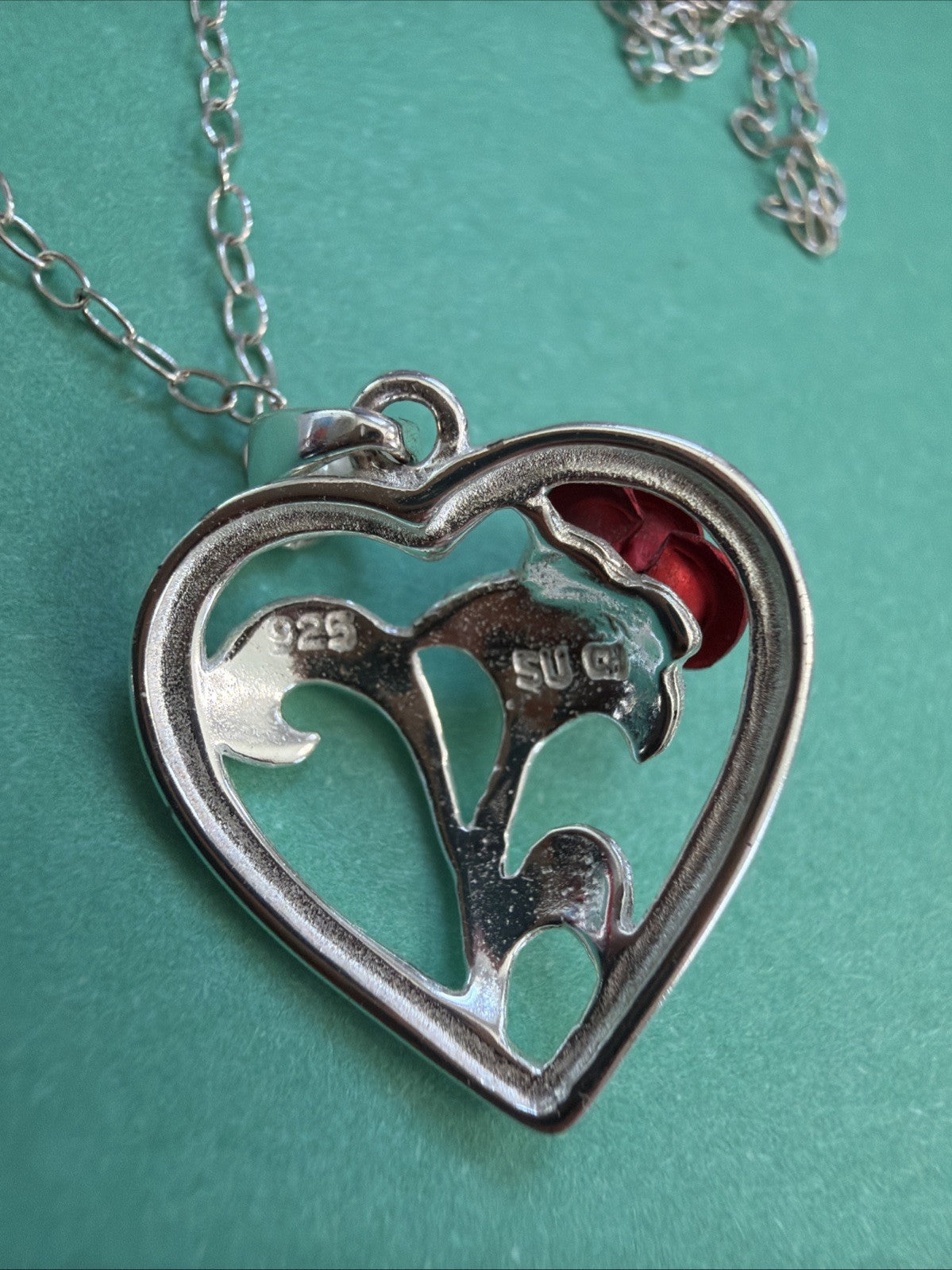 Sterling Silver 925 Red Rose Heart Pendant Necklace 18” 3D Flower Love