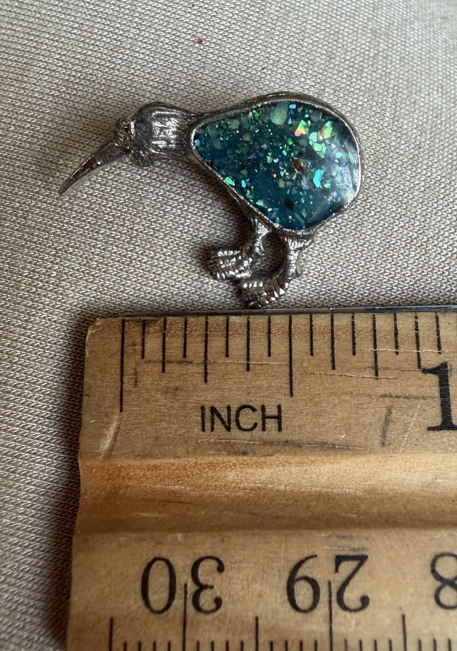Kiwi Bird Brooch Pin Abalone Flake Confetti Glitter Resin Goldtone 1”