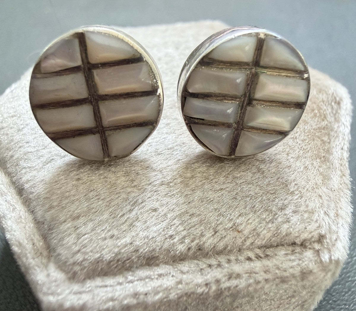Vintage Earrings 925 Sterling Silver Mosaic Mother of Pearl Inlay Pierced