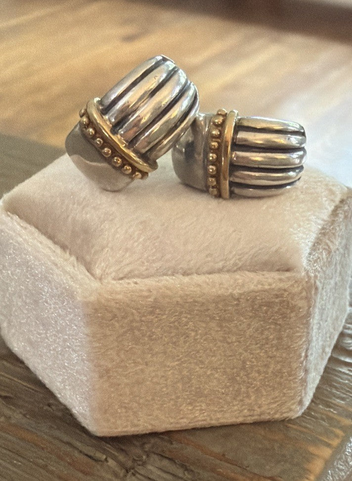 Vintage 18K Gold Sterling Silver 925 Ribbed Huggie Hoop Earrings Signed 7.8g