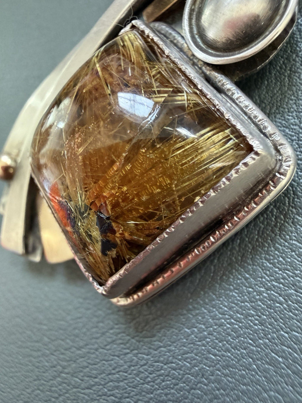 Patricia Karnes Stinson 14K Sterling Silver Rutilated Quartz Brutalist Brooch