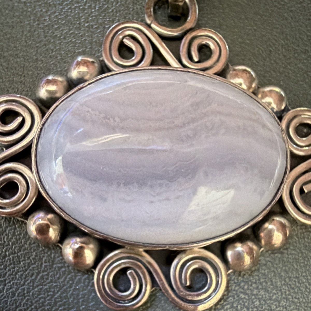 Blue Lace Agate 925 Sterling Silver Large Pendant Mexico Native Scrollwork Style