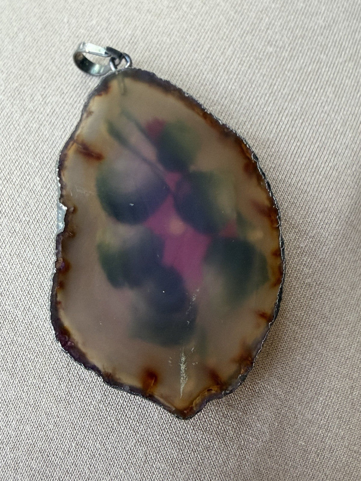 Gorgeous Pendant Artist Hand Painted Agate Floral Pink Flowers