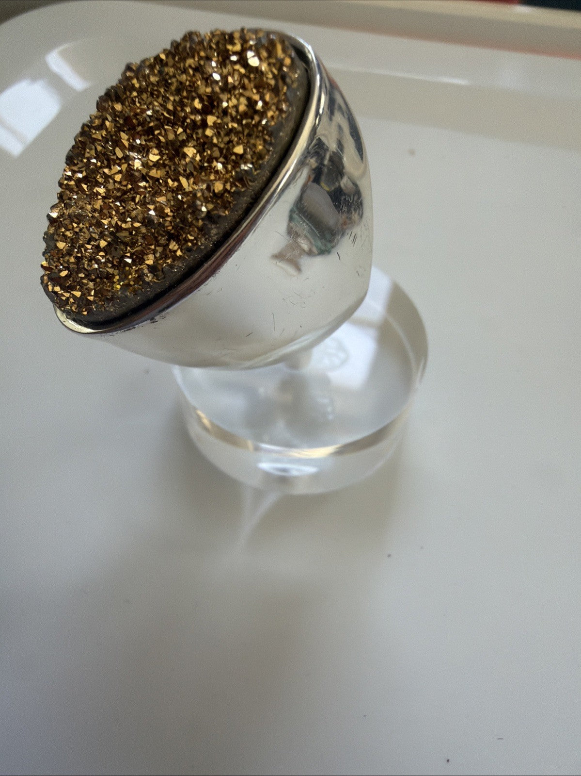 Large Christine Darren Silver tone Freeform Gold Color Drusy Quartz Ring. Sz8.75