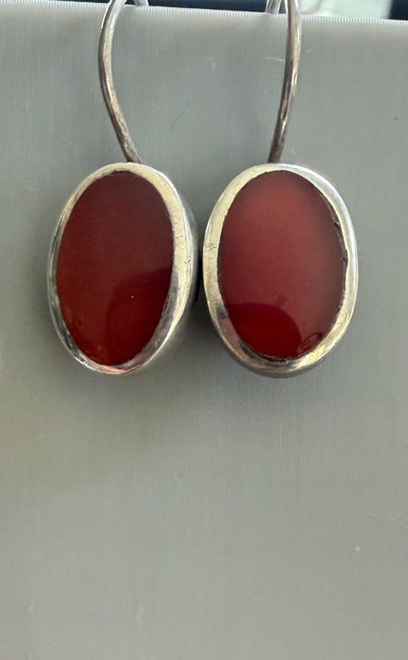 Vintage Sterling Silver 925 Dark Wine Red Agate (?) Stone Hook Earrings